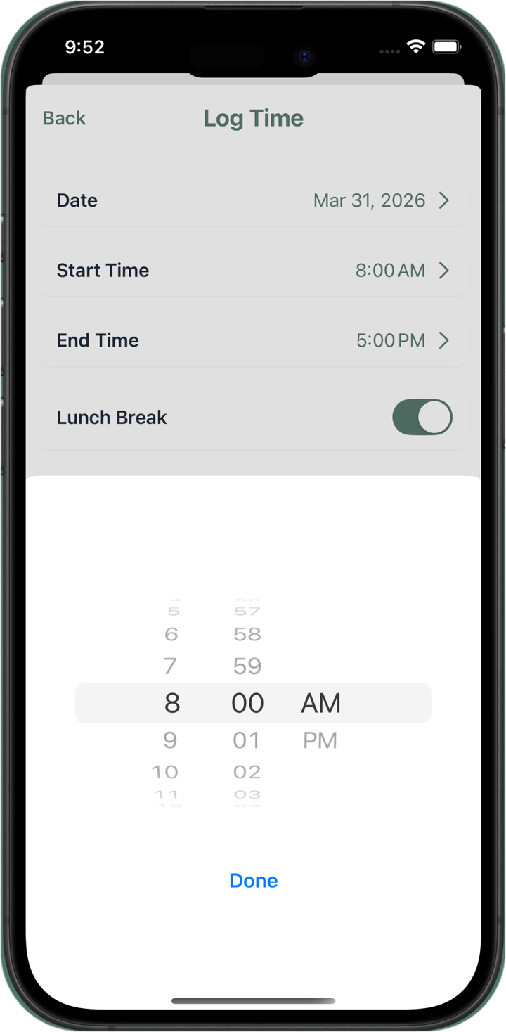 Log time screen with date, start time, end time and lunch break toggle for simple daily time tracking
